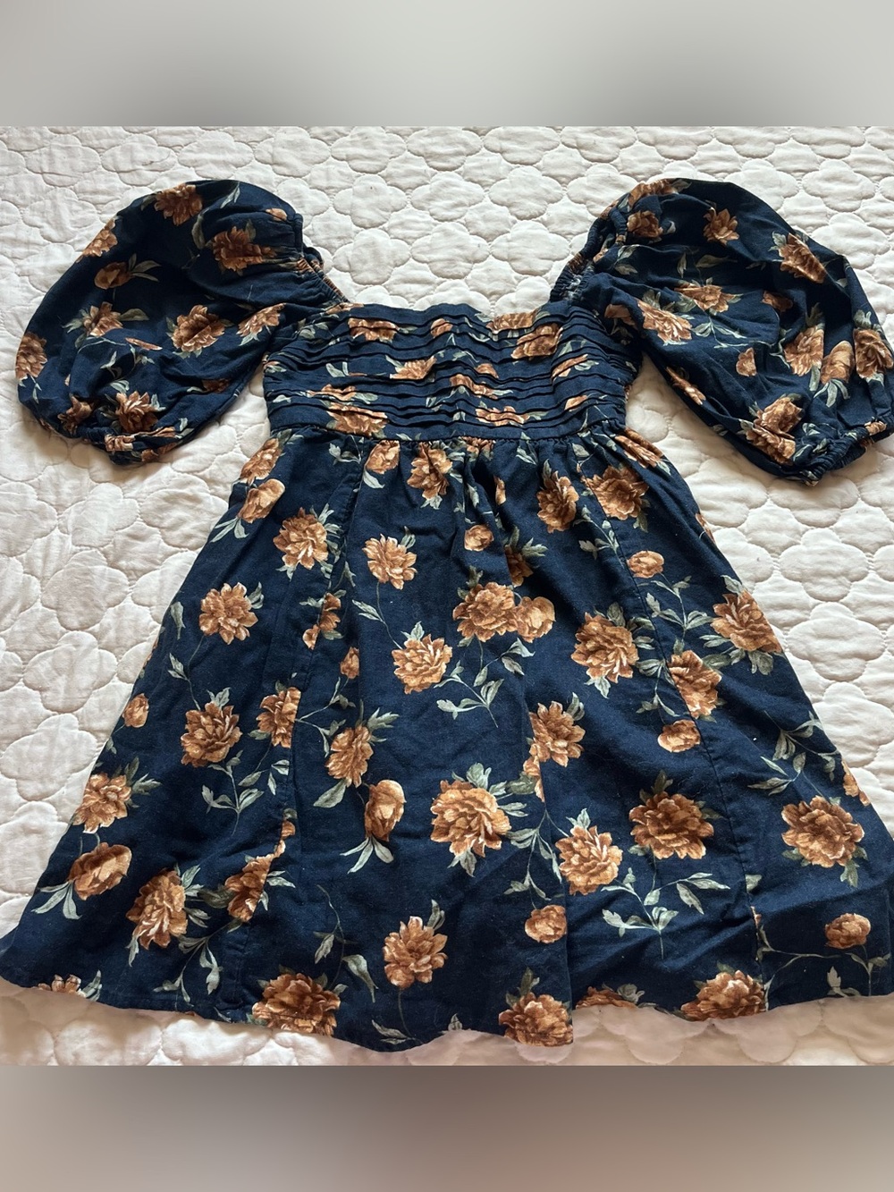 Abercrombie & Fitch Navy Blue Floral Smocked Emerson Puff Sleeve Mini Dress